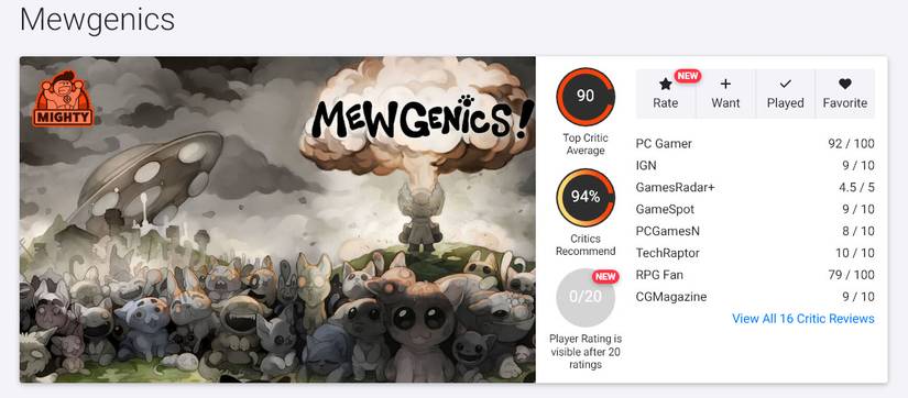 mewgenics opencritic page showing a 90 top critic average