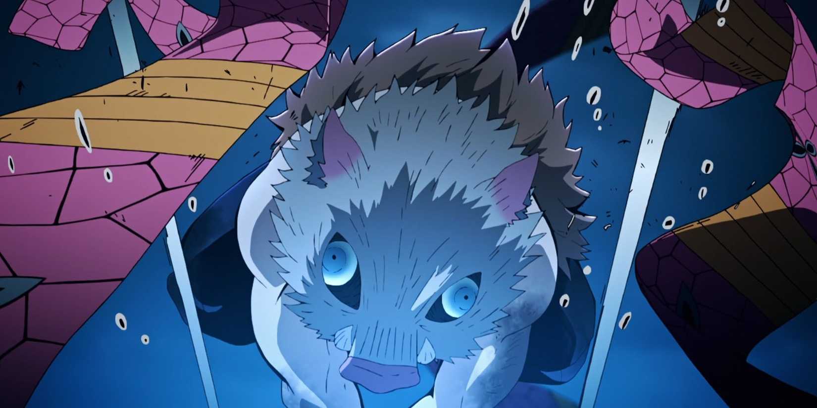 Inosuke menebas sabuk kain Daki dalam pertempuran.