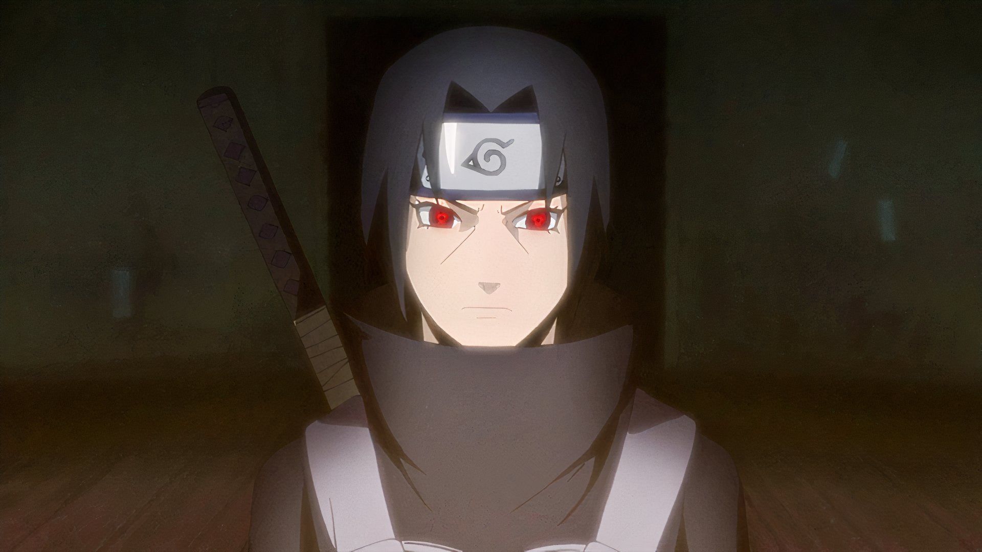 picture: itachi in naruto with his sharingan activated.