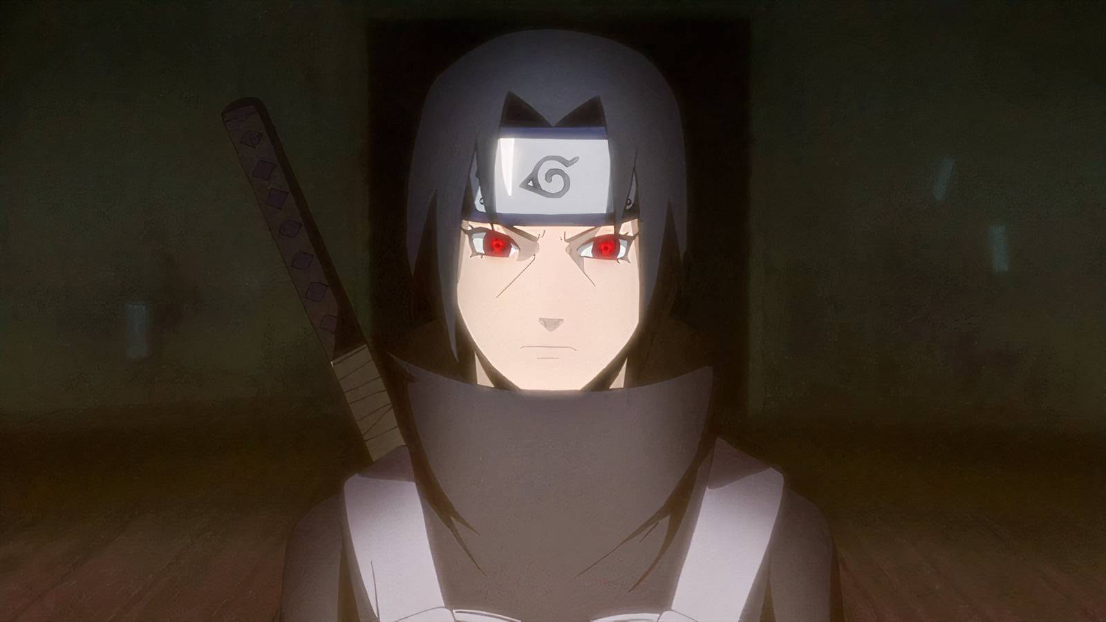 picture: itachi in naruto with his sharingan activated.
