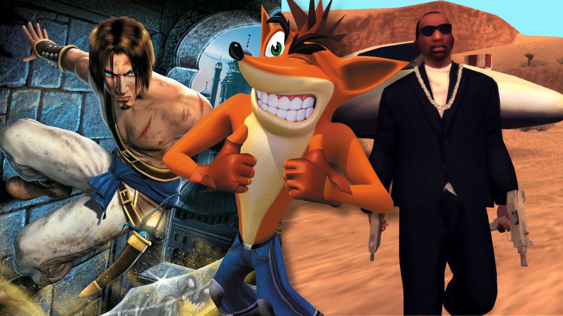 A collage of characters from three PS2 games that are worth playing in 2026: The Prince from Prince of Persia: The Sands of Time, Crash Bandicoot from Crash Twinsanity, and CJ from Grand Theft Auto: San Andreas.