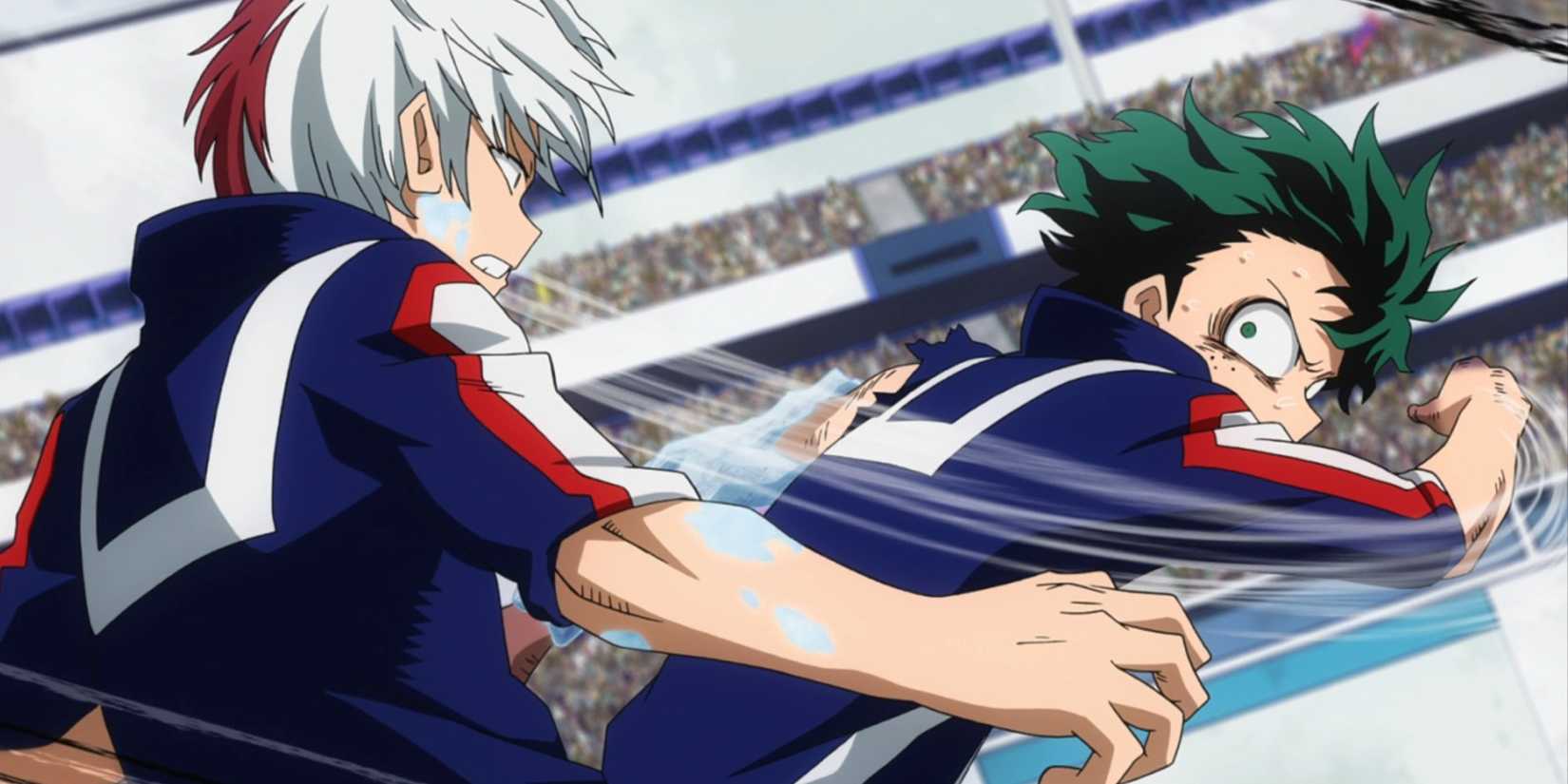 Izuku fights Shoto in the battle arena.