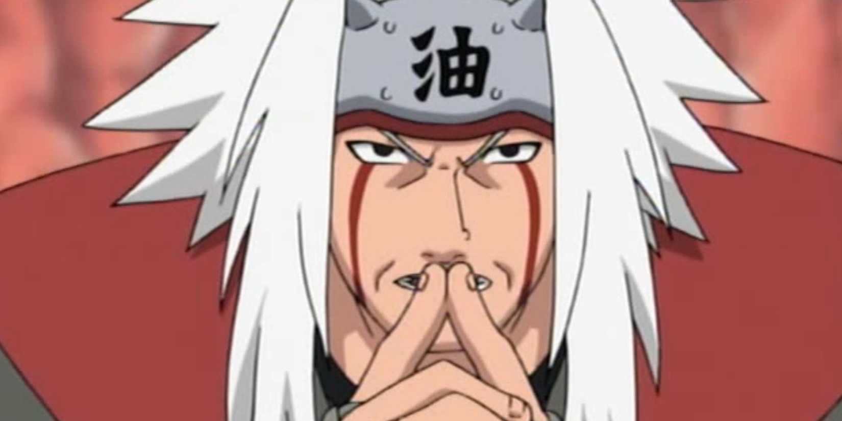 Jiraiya looks ahead while making a hand sign.