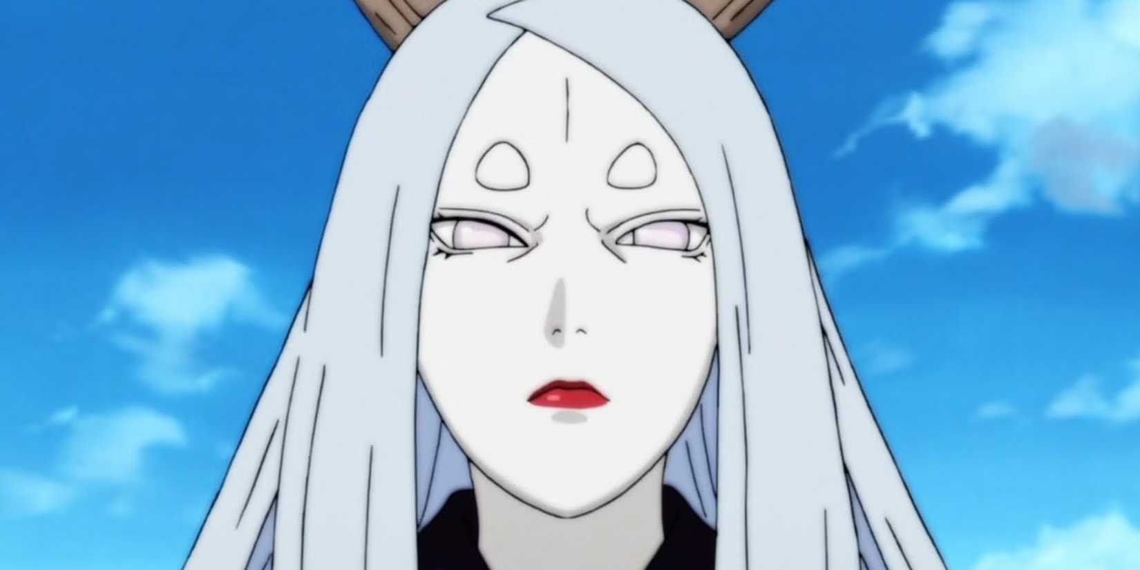 Kaguya Otsutsukia with the blue sky in the background.