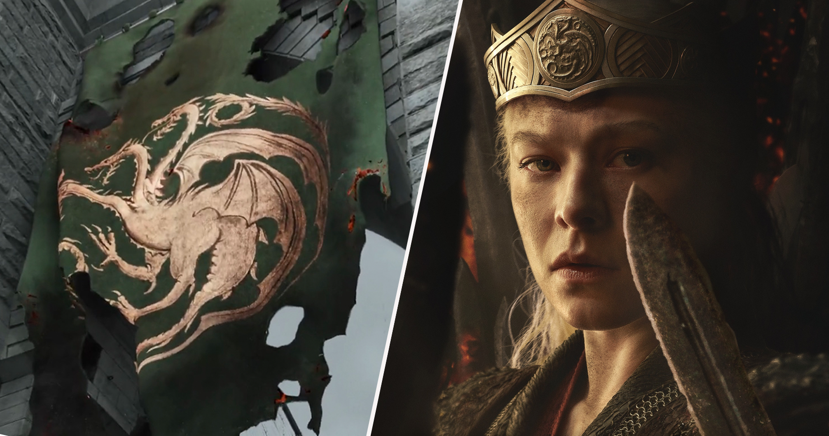 King Aegon's Green Targaryen flag, and Rhaenyra Targaryen on the Iron Throne in House of the Dragon Season 3