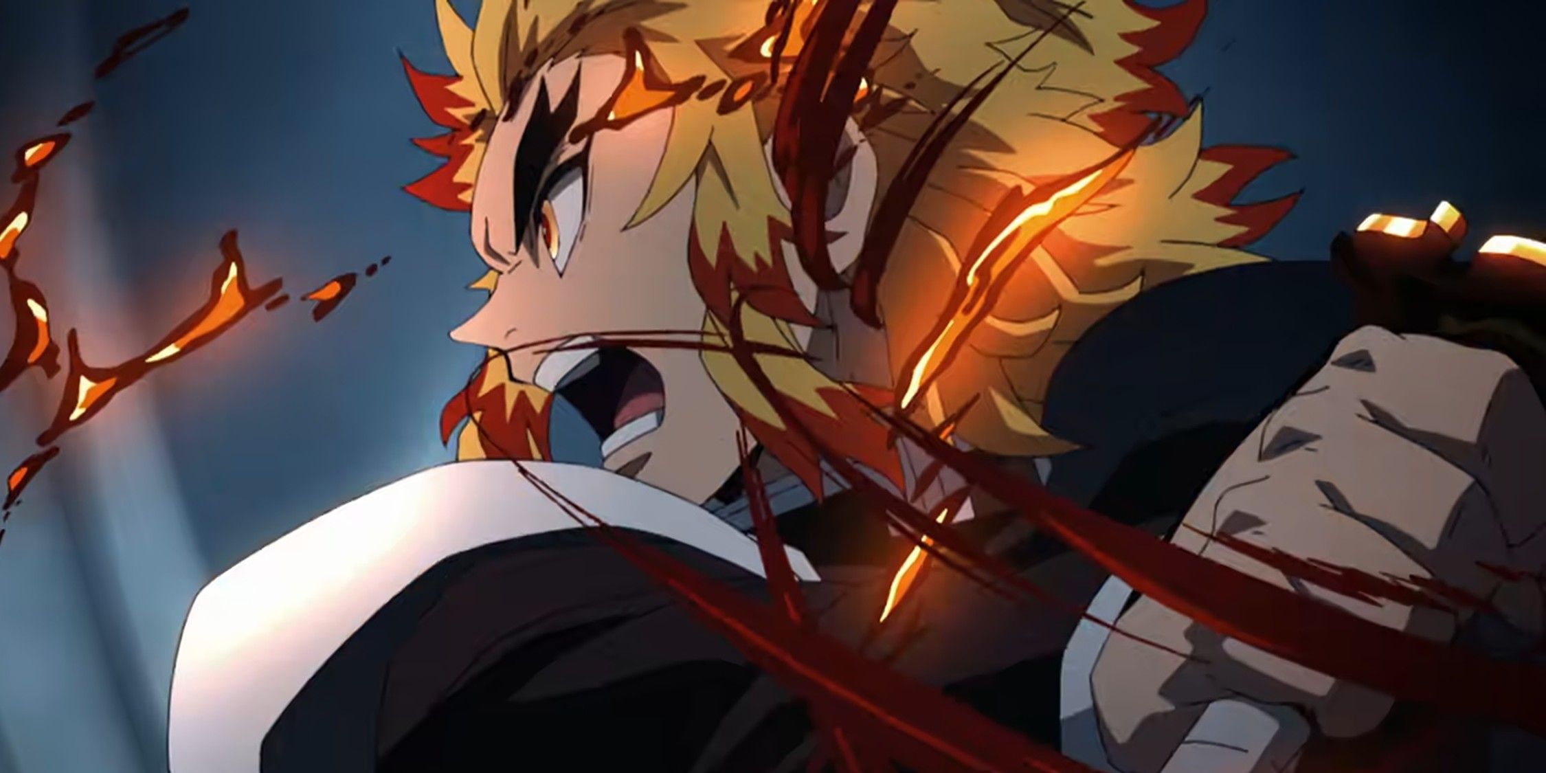 Kyojuro Rengoku menyerbu untuk menyerang sambil berteriak.