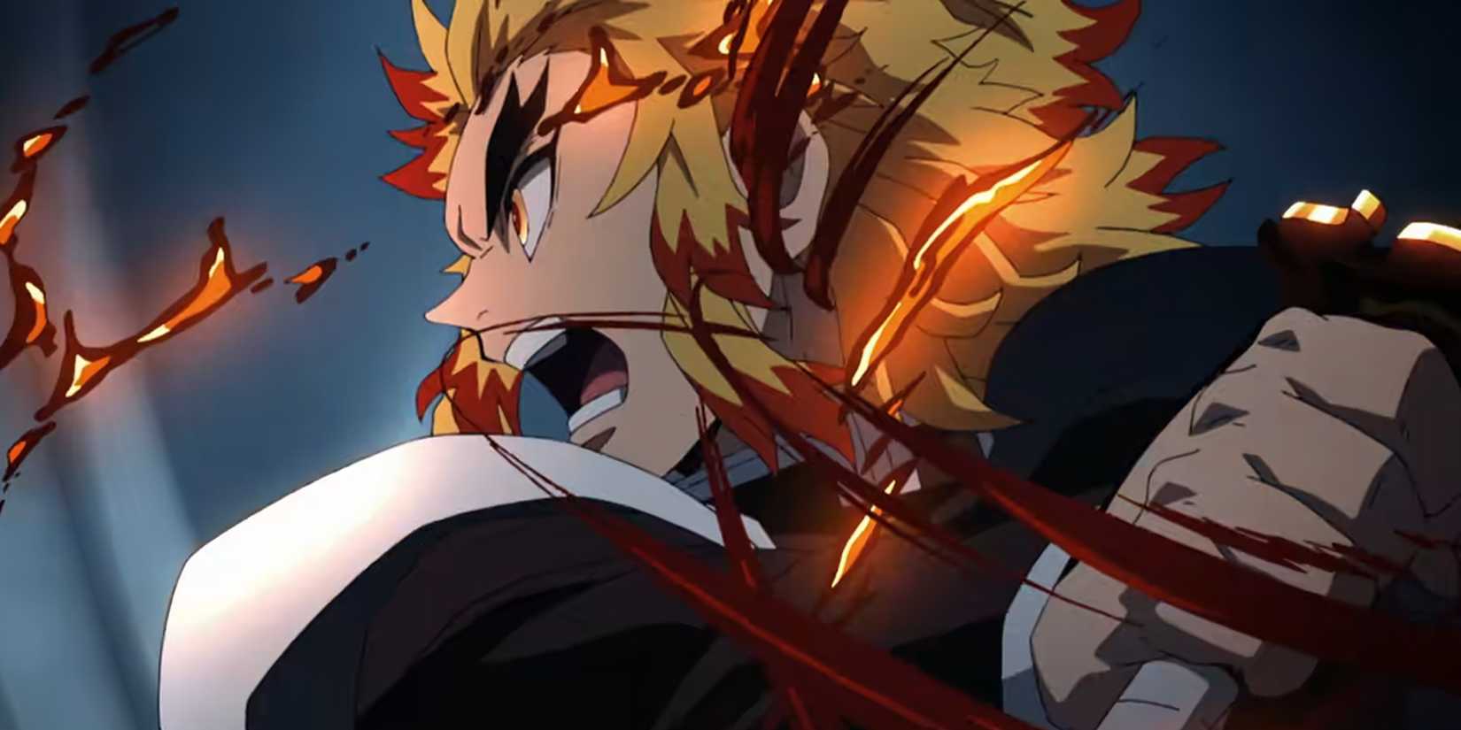 Kyojuro Rengoku attacks while yelling.