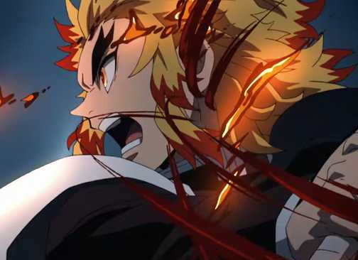 Kyojuro Rengoku menyerbu untuk menyerang sambil berteriak.