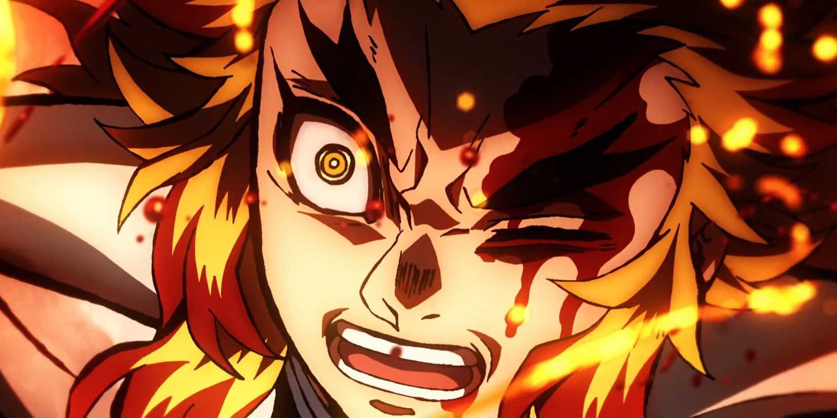 Kyojuro Rengoku looks intense in fire.