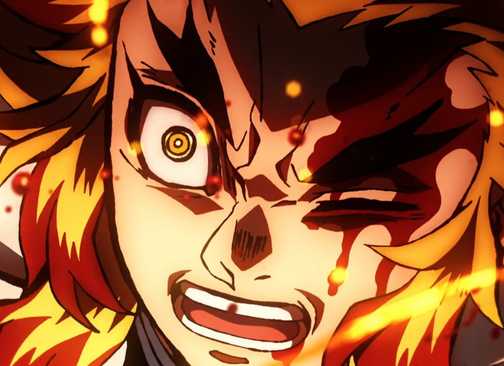 Kyojuro Rengoku terlihat intens dalam api.