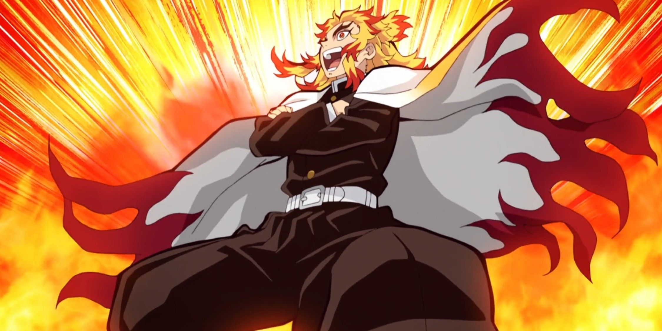 Kyojuro Rengoku berpose seperti pahlawan super sambil tertawa.