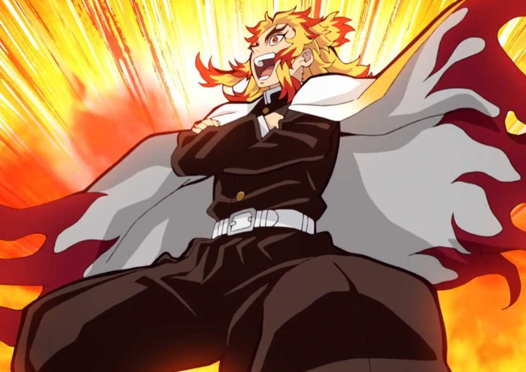 Kyojuro Rengoku berpose seperti pahlawan super sambil tertawa.