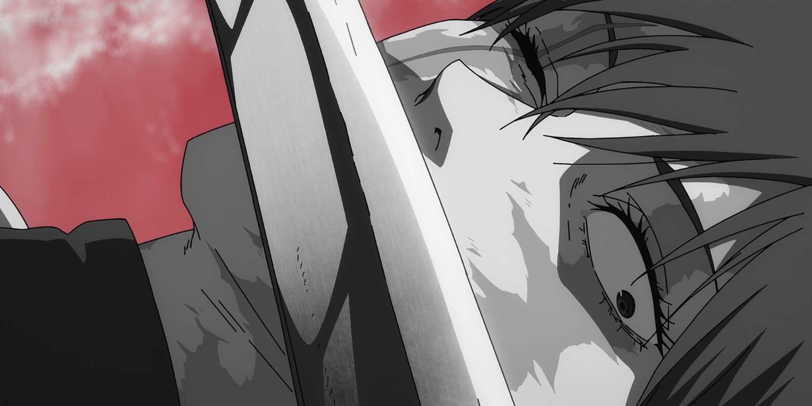 Maki Zenin dodges a blade while looking down.