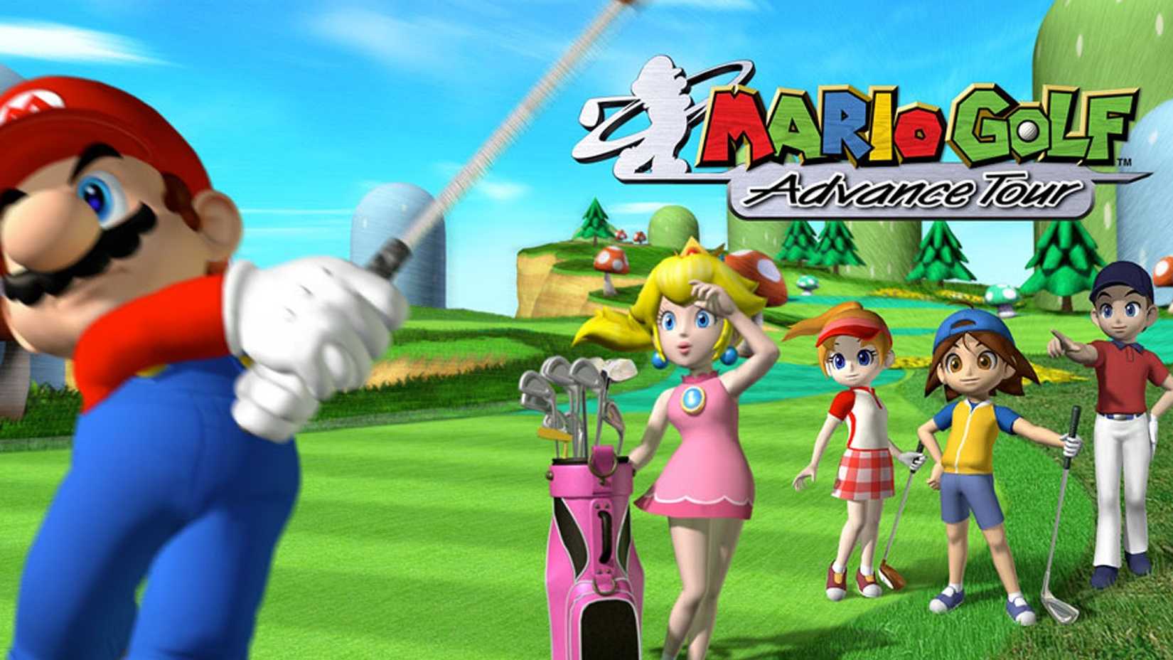 Official art for Mario Golf: Advance Tour featuring Mario, Princess Peach, Ella, Neil, and Kid