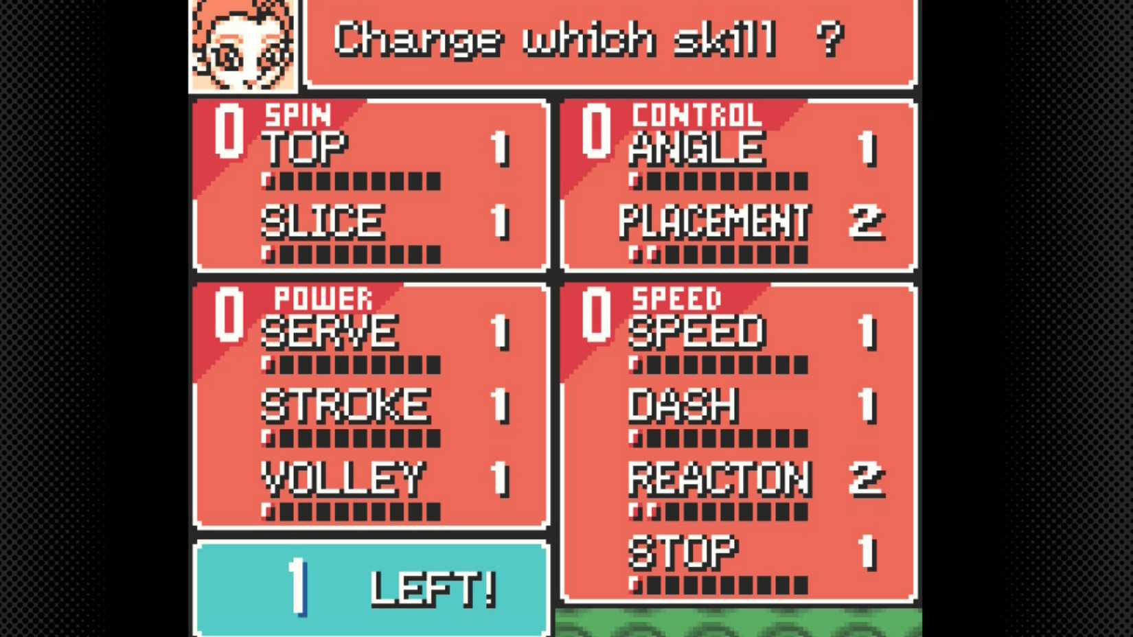 Pemain memilih stat untuk ditingkatkan saat level up di Mario Tennis Game Boy Color.