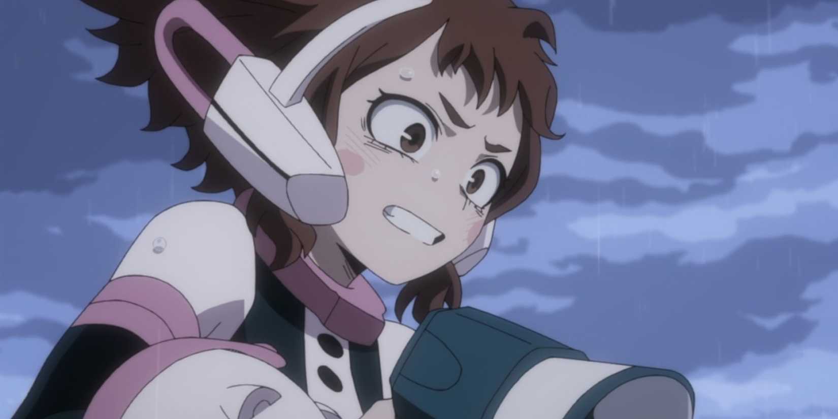 Ochako giving a speech while holding a megaphone.