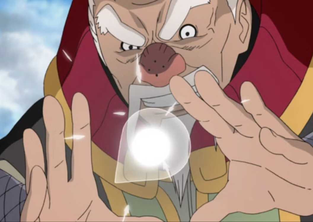 Onoki smiles while using Dust Release in Naruto Shippuden
