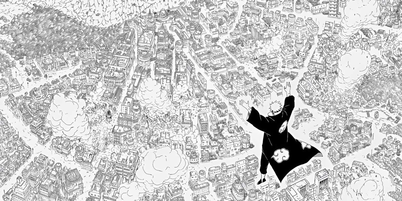 Image of Pain actively destroying Konoha in the Naruto manga.