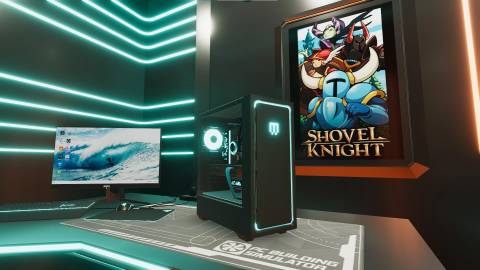 pc building Simulator 2 desk with shovel knight poster