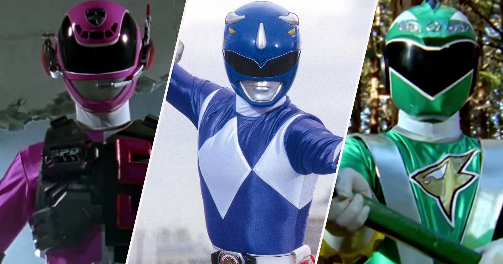 Pink SPD Ranger, Blue MMPR Power Ranger, and Green RPM Ranger