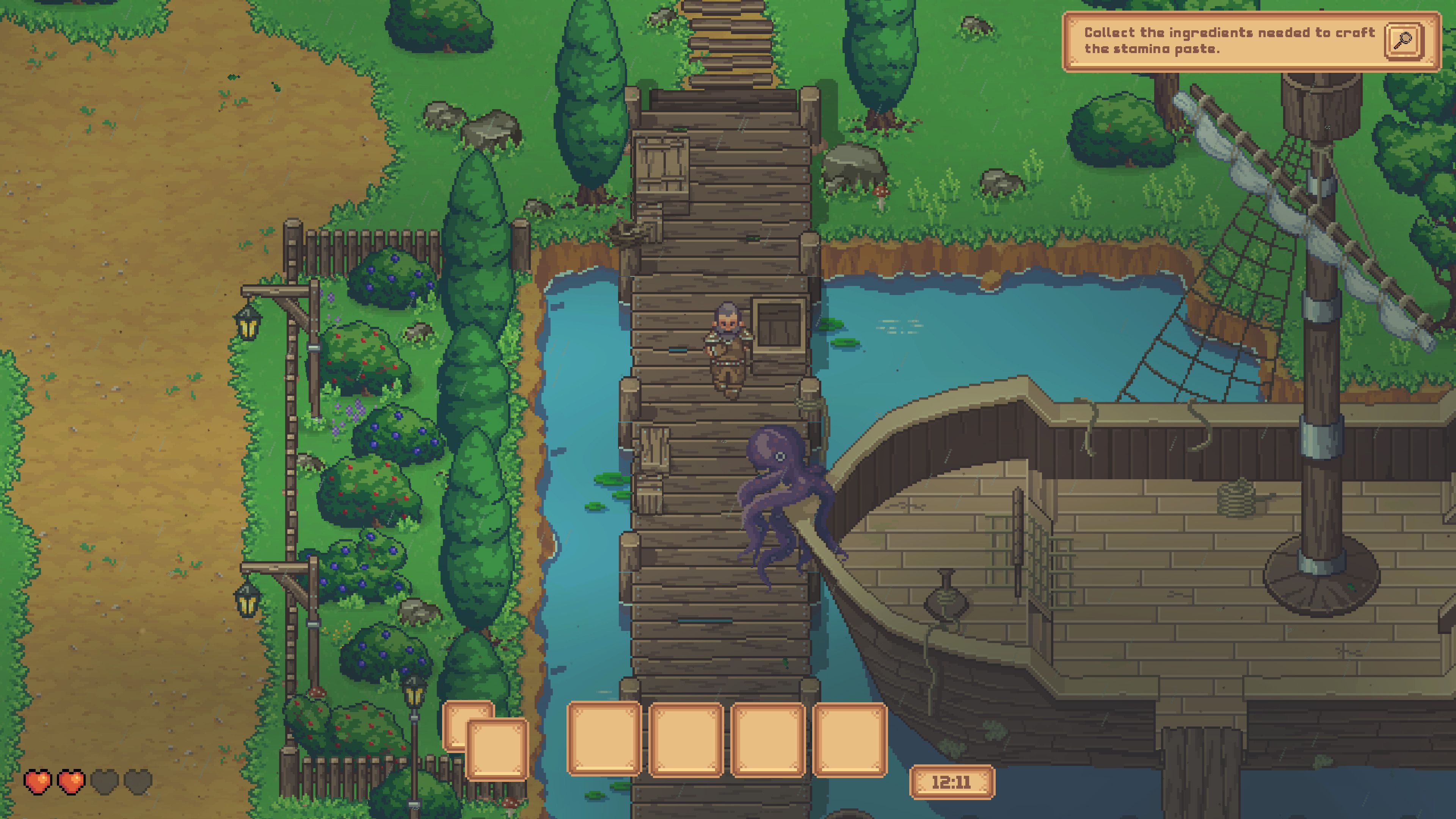 Screenshot Plague Alchemist Steam, visual mirip Stardew Valley dengan karakter utama
