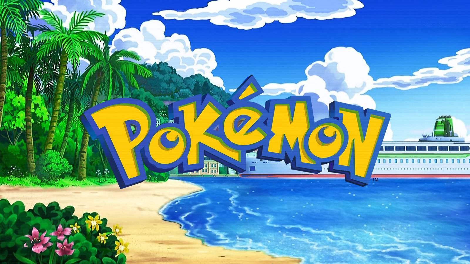 Pokemon logo in front of Pokemon anime cruiser island screenshot