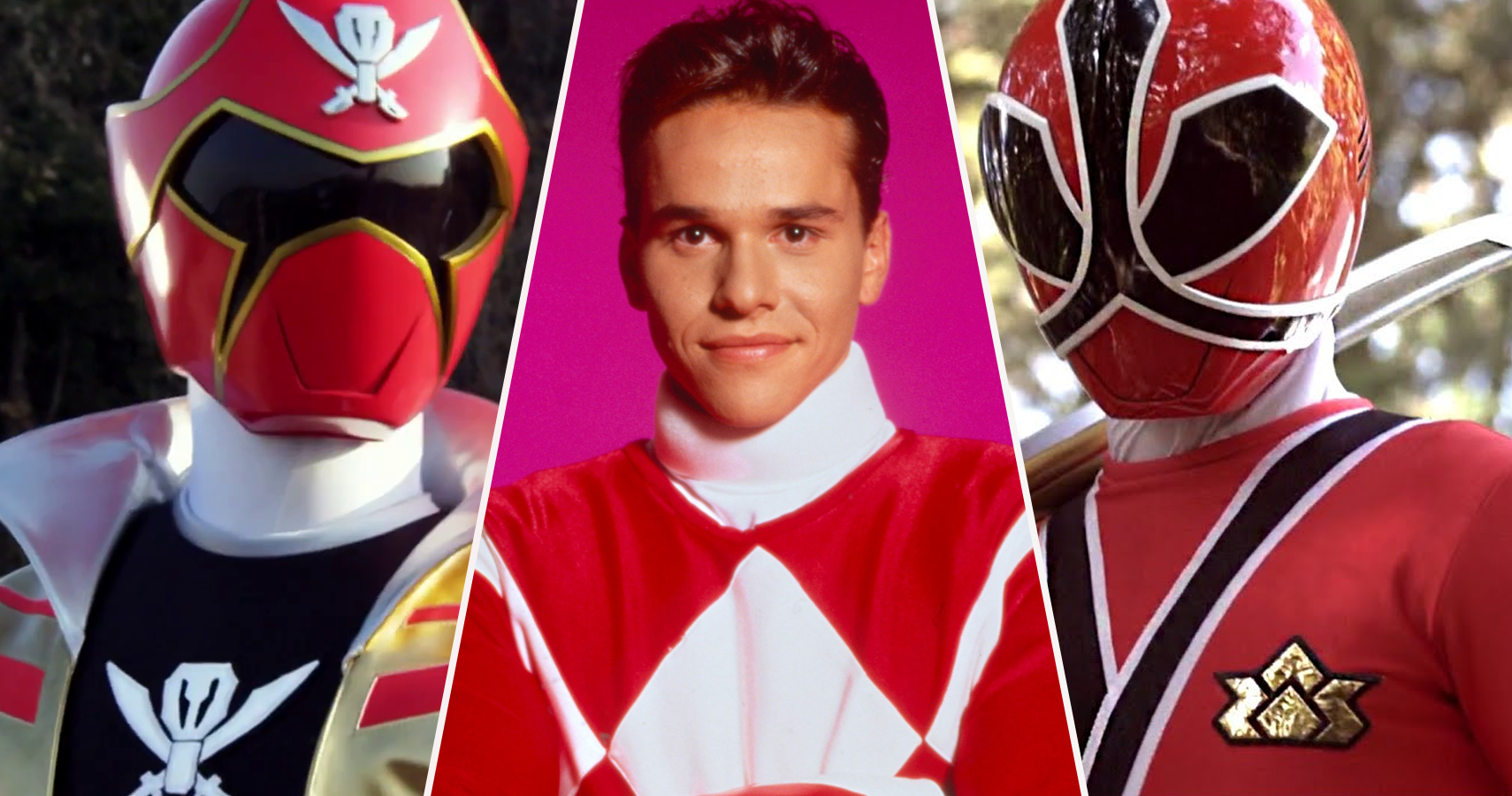 Red Mega Force Ranger, Rocky as the Red Ranger, and Red Samurai Ranger
