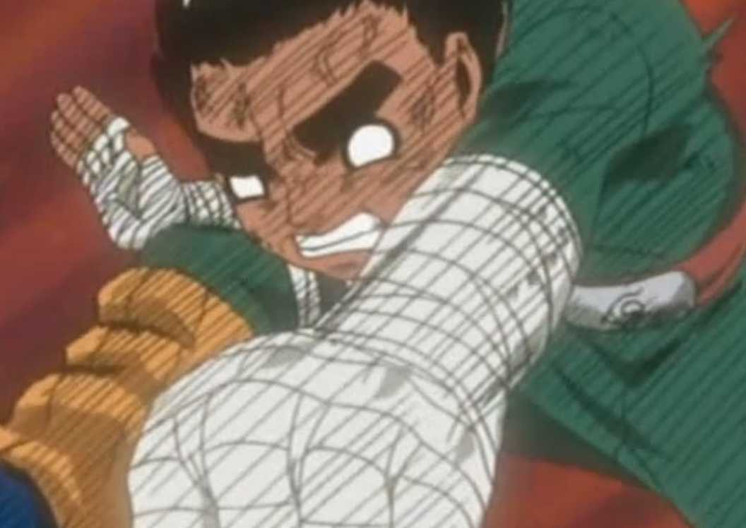 Rock Lee bertarung dengan gerbangnya terbuka.
