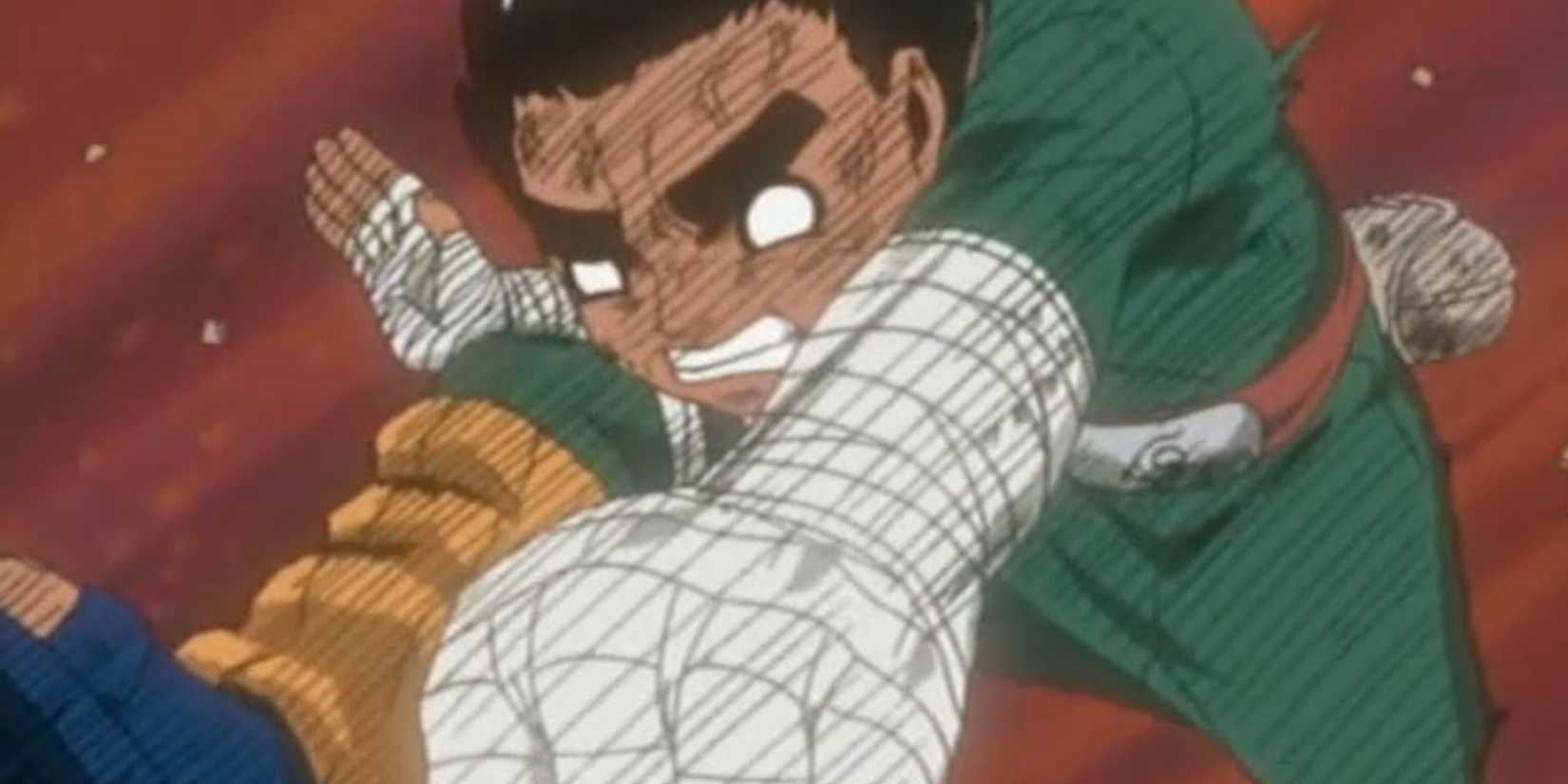 Rock Lee Berjuang dengan Gerbang Terbuka Rock Lee fights with his gate open.