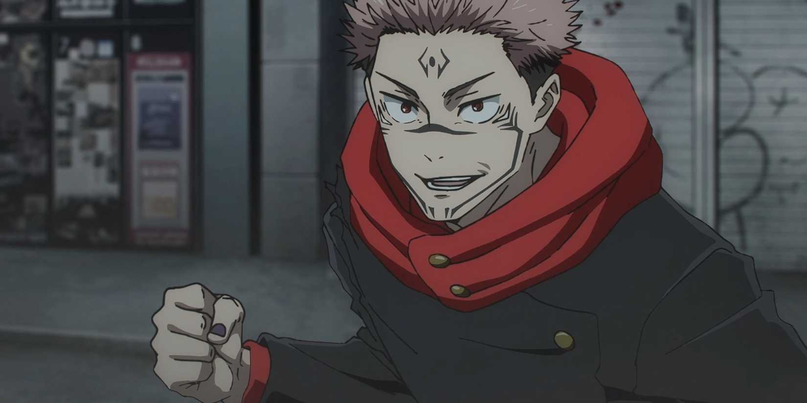 Ryomen Sukuna raises his fist to Yuji's body.