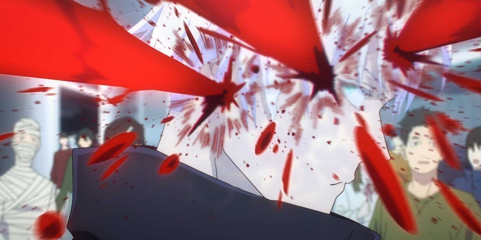 Satoru Gojo blocks two bloody attacks.
