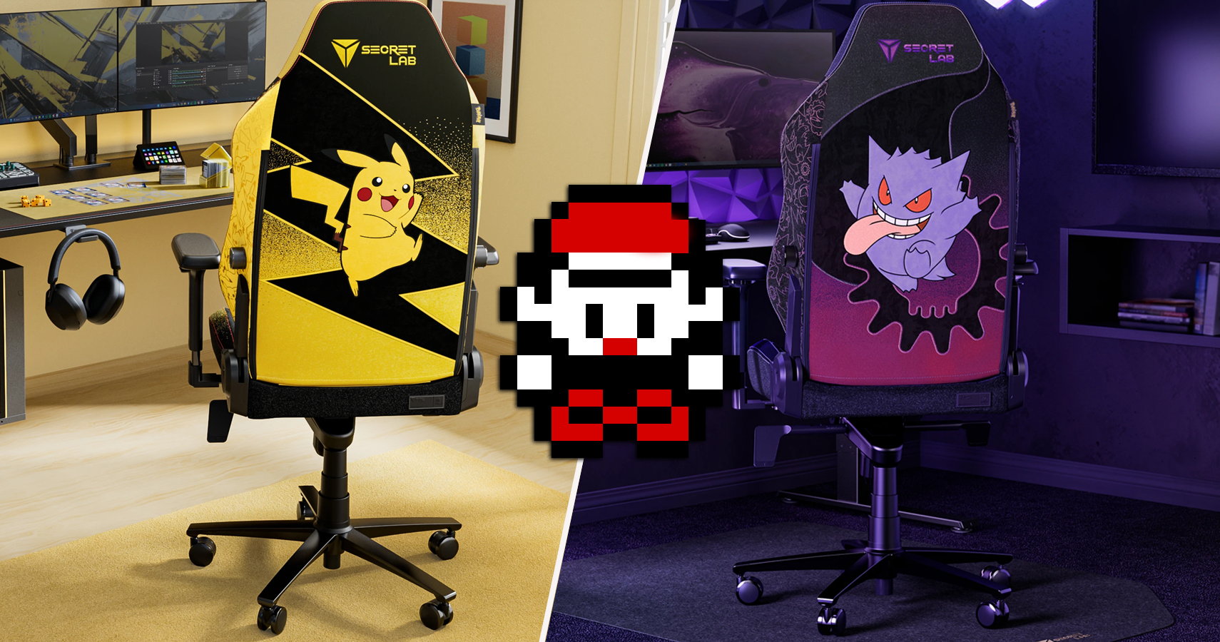 SecretLab Pokemon Collection Pikachu Gaming Chair, Gengar Titan EVO Gaming Chair, and Pokemon Red player sprite