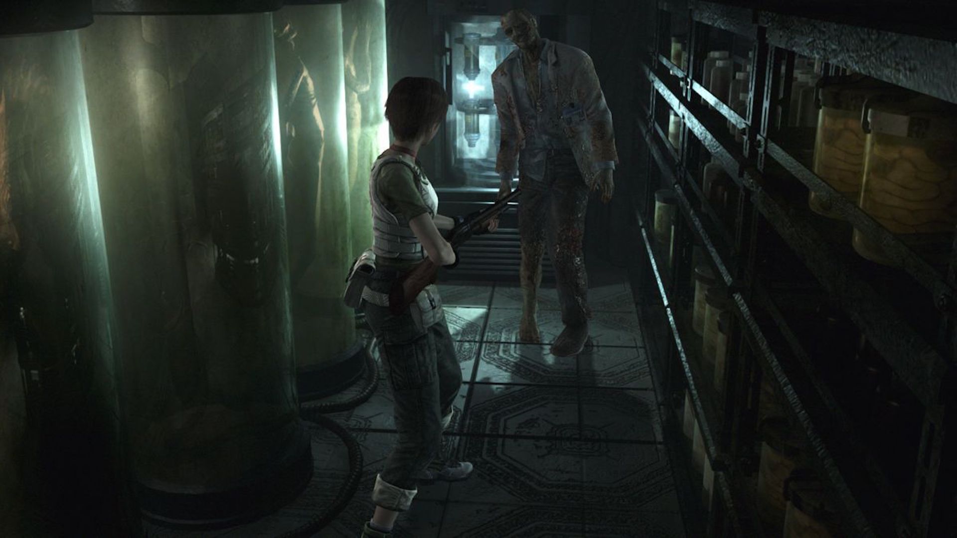 Shooting a zombie in Resident Evil 0 (2002)