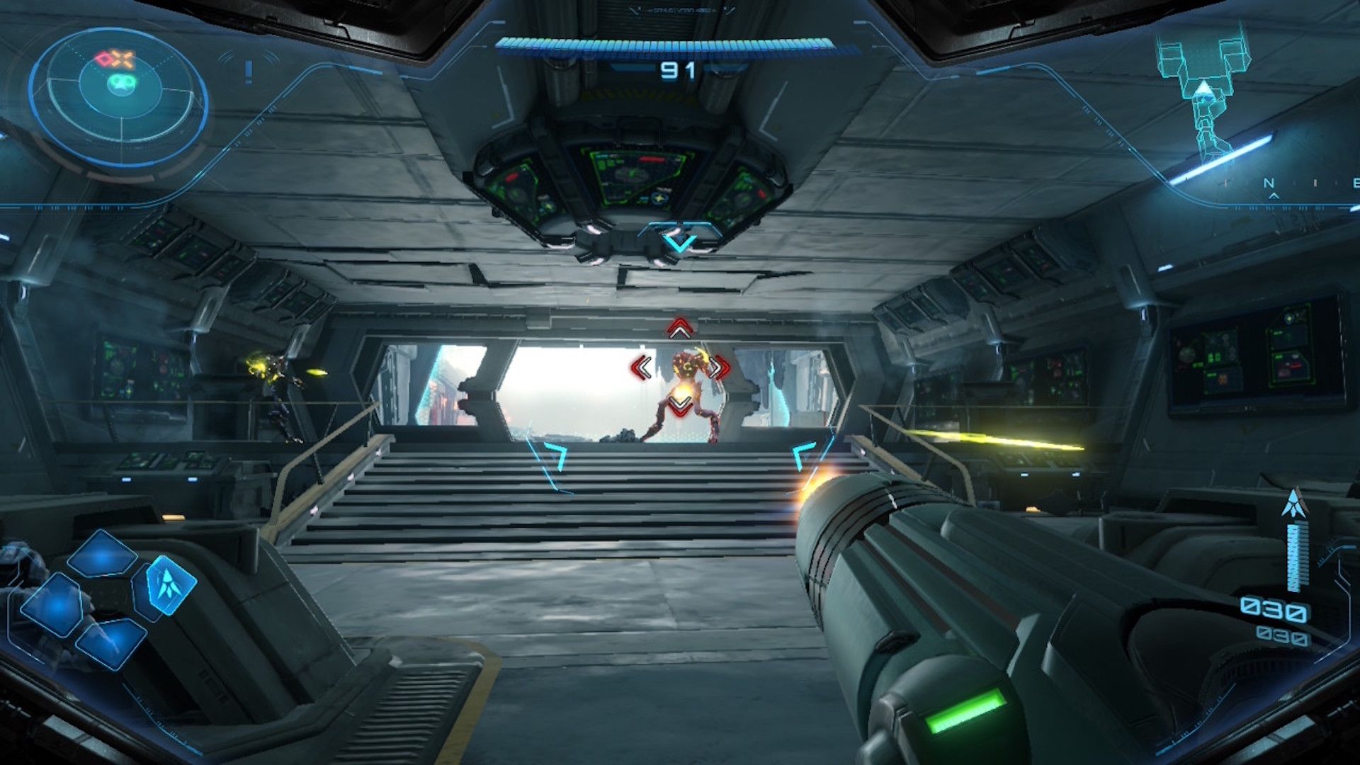 Shooting an enemy in Metroid Prime 4 Beyond (2025)