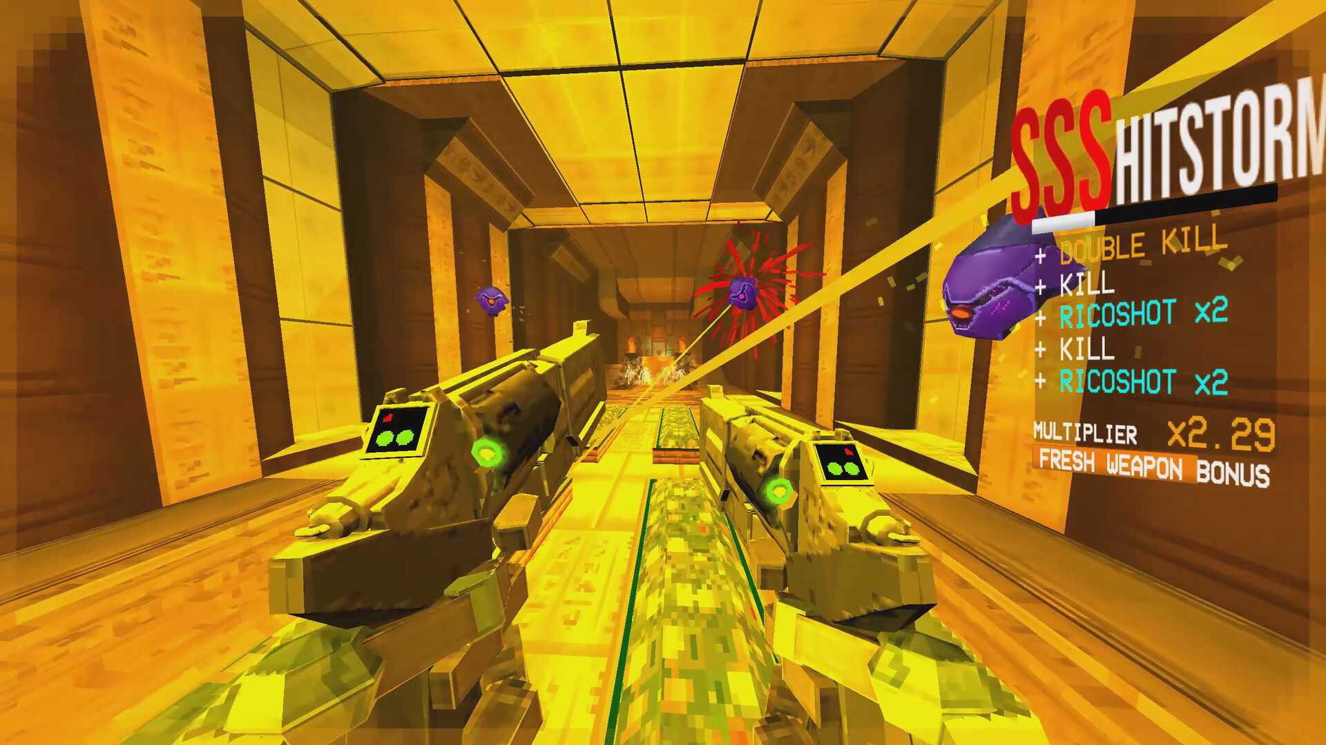 Shooting enemies with two pistols in Ultrakill (2020)