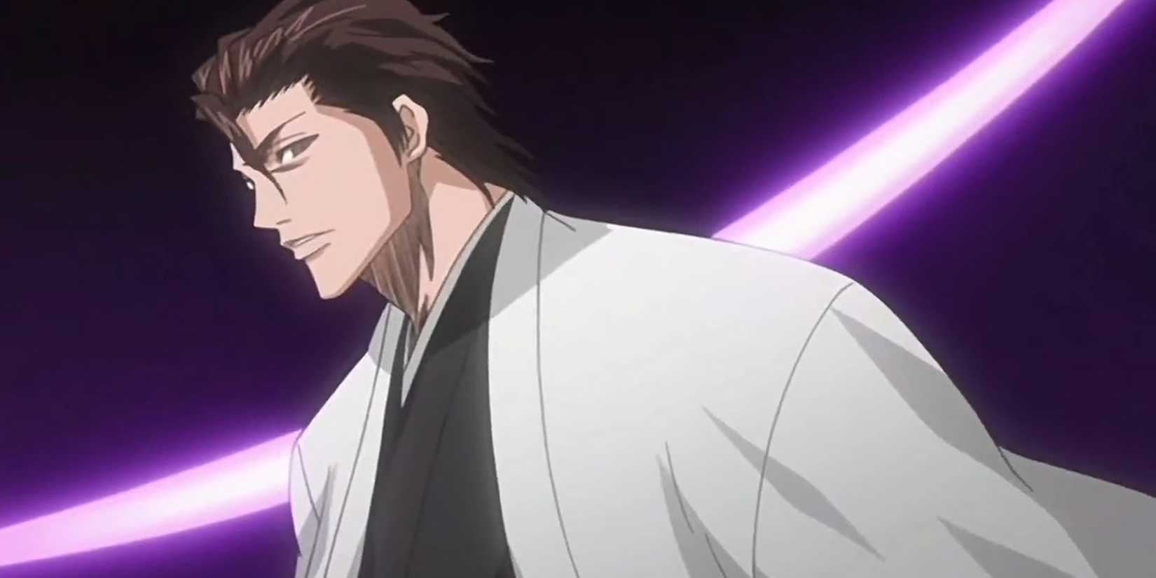 Sosuke Aizen speaks with a purple streak behind him.