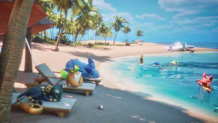 Bersantai di pantai dalam Palworld Palfarm