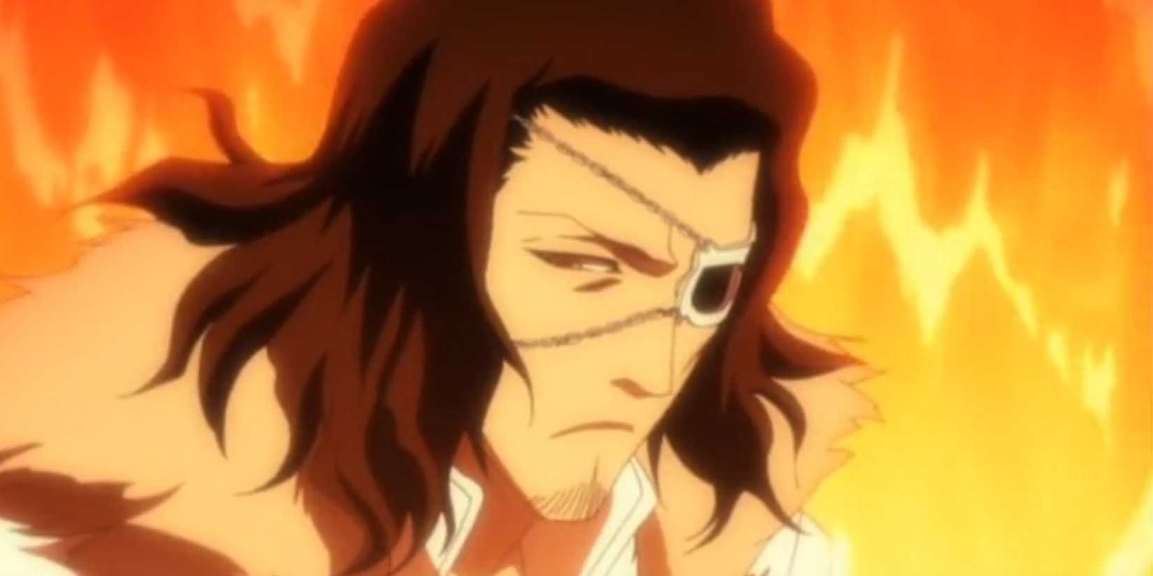 Coyote Starrk is in his released form while surrounded by flames.