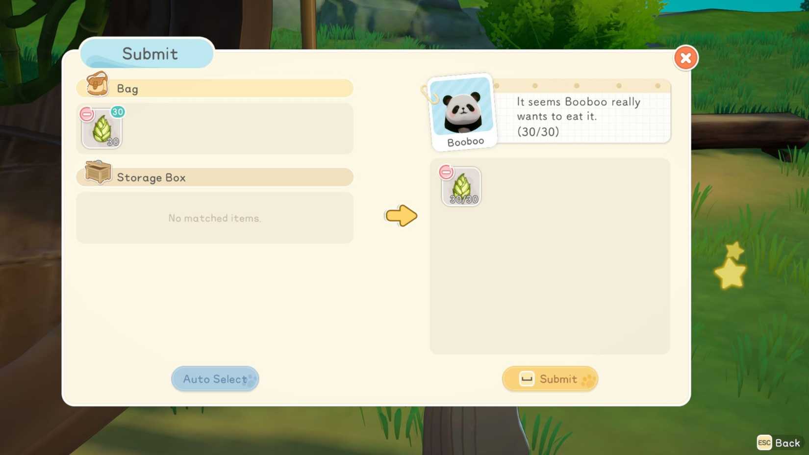 A player giving fresh bamboo shoots to Booboo in Starsand Island