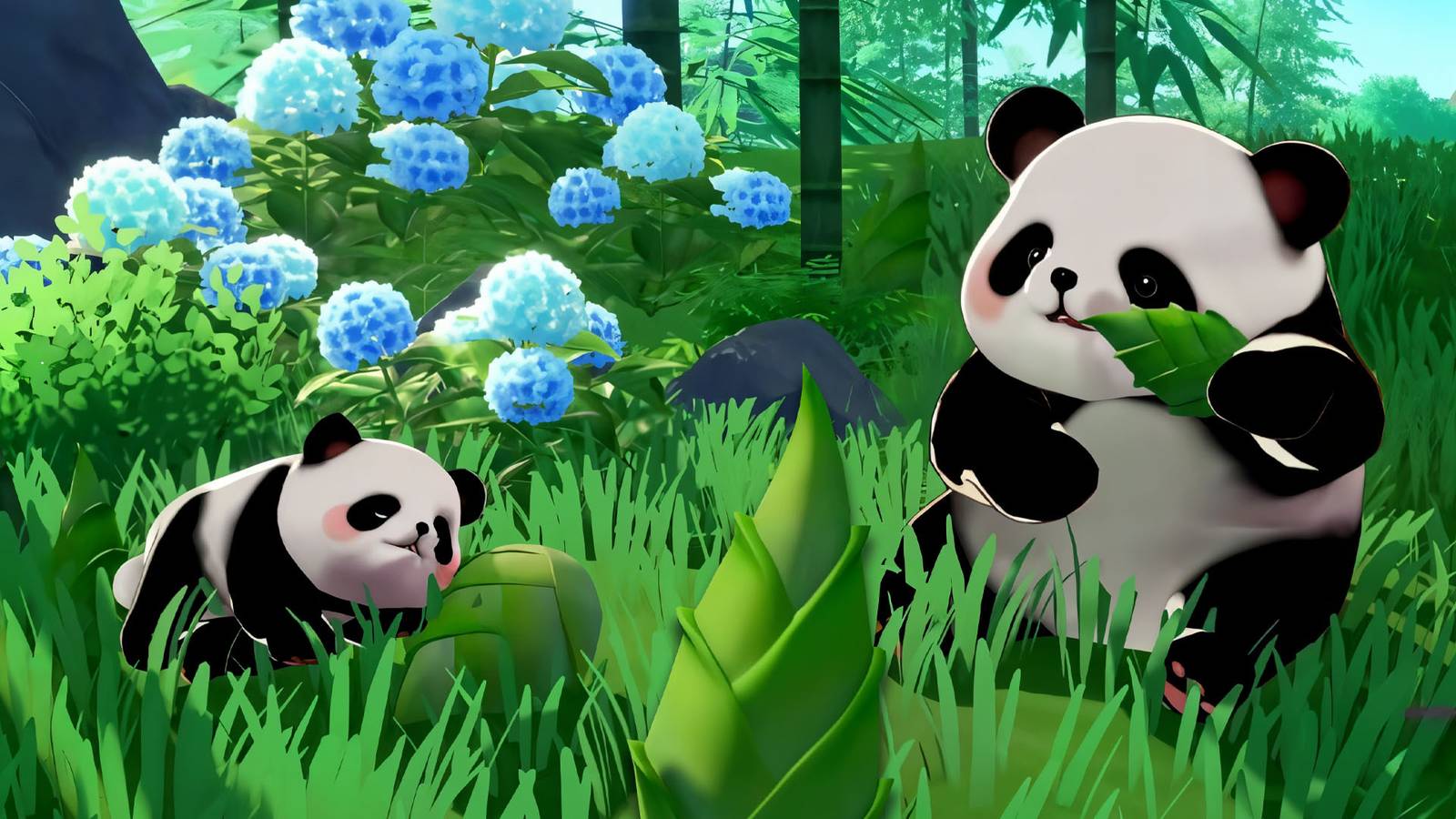 Pandas eating fresh bamboo shoots on Starsand Island