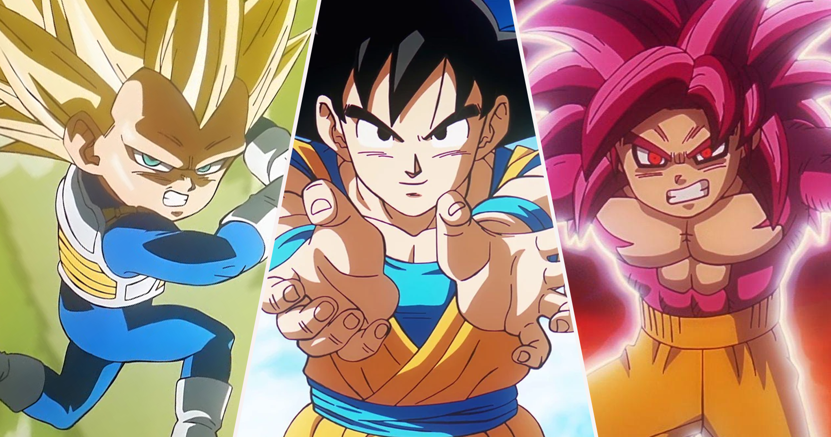 Super Saiyan 3 Vegeta, Goku using the Kamehameha, and Super Saiyan 4 Mini Goku in Dragon Ball DAIMA