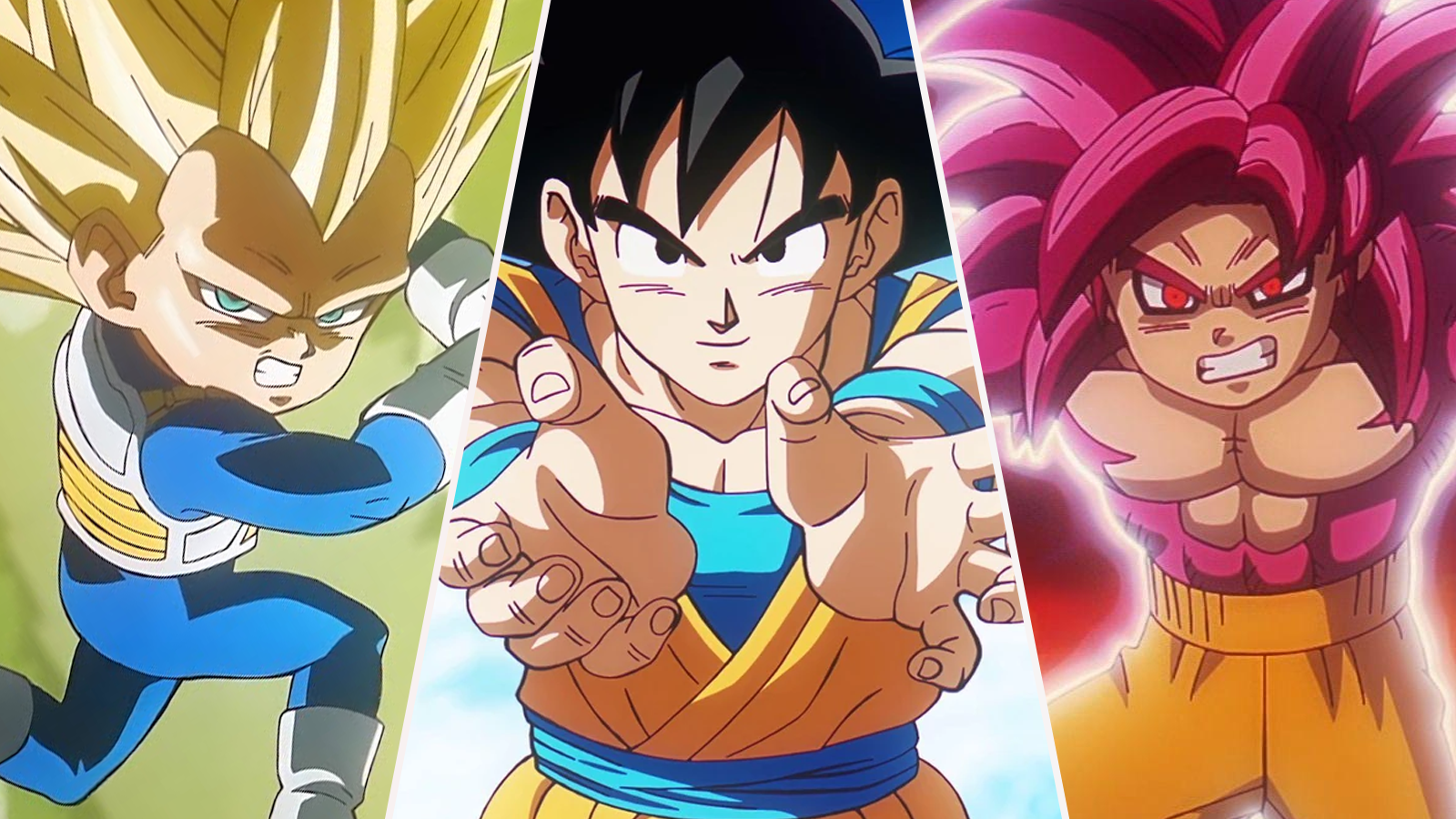 Super Saiyan 3 Vegeta, Goku using the Kamehameha, and Super Saiyan 4 Mini Goku in Dragon Ball DAIMA
