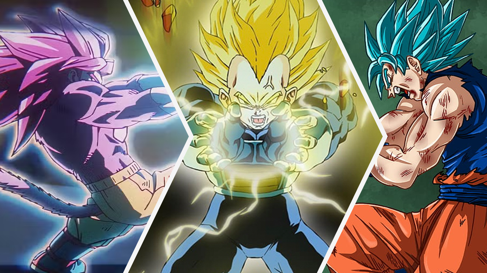 Super Saiyan 4 Goku using the Kamehameha in Dragon Ball DAIMA, Super Saiyan Vegeta using the Final Flash, and Super Saiyan Blue Goku using the Hakai