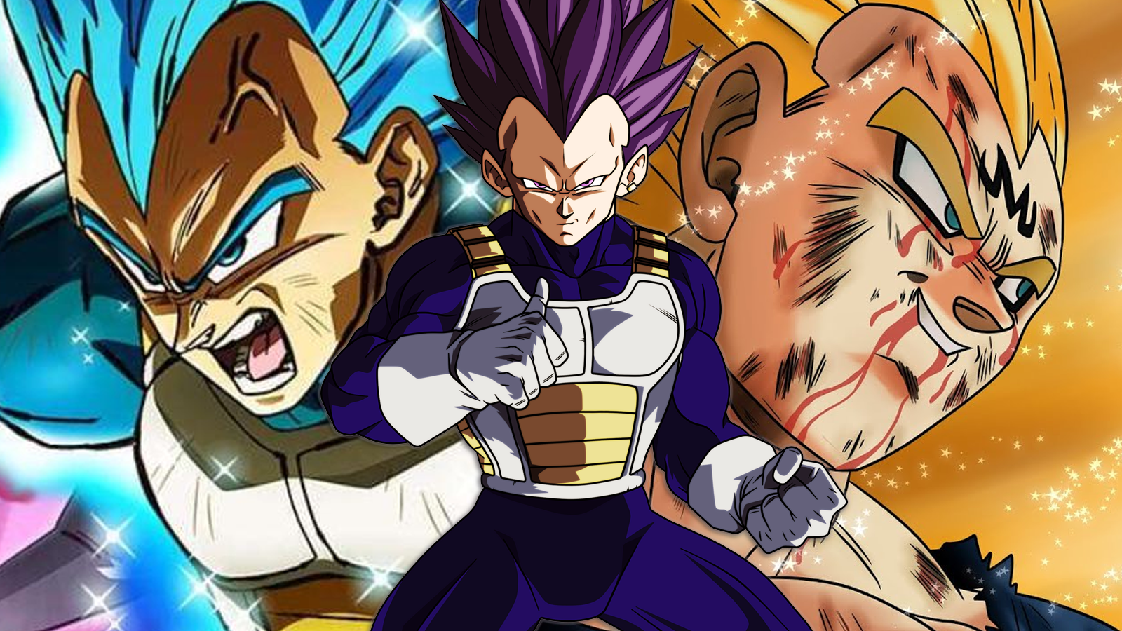 Super Saiyan Blue Evolved Vegeta, Ultra Ego Vegeta, and Super Saiyan Majin Vegeta in Dragon Ball