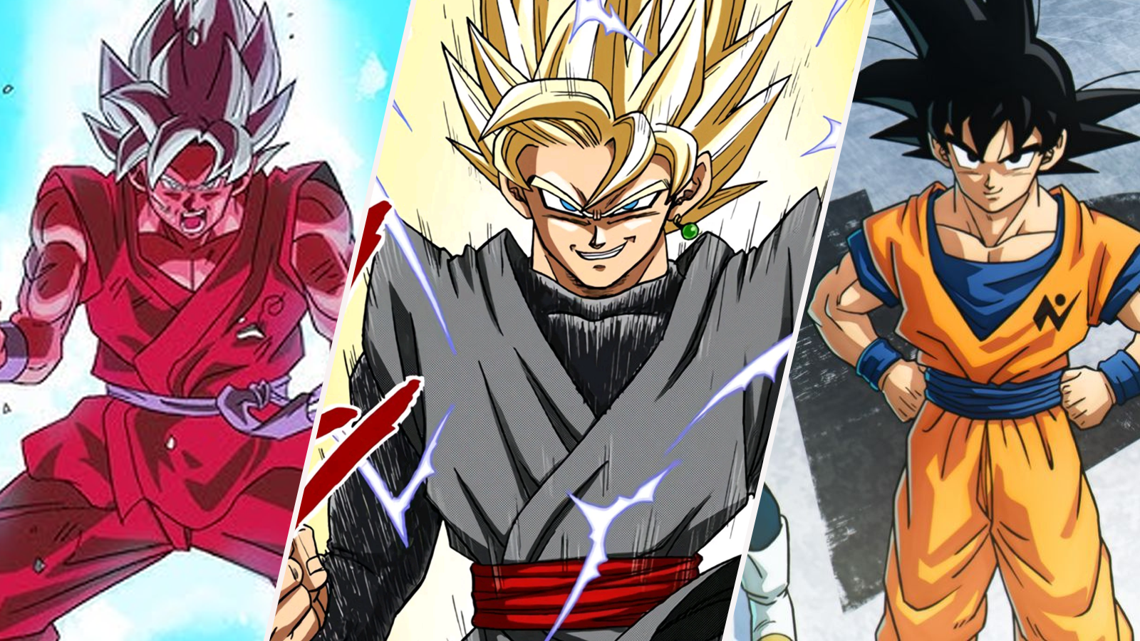 Super Saiyan Blue Kaioken Goku, Super Saiyan Goku Black, and Goku in Dragon Ball The Galactic Patrol Anime