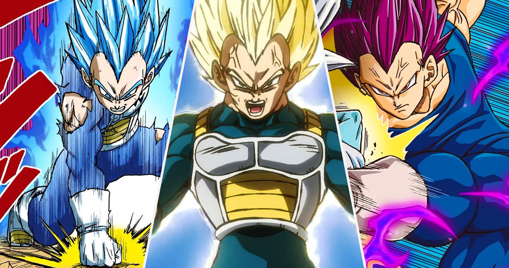 Super Saiyan Blue Vegeta using Forced Spirit Fission, Super Saiyan Vegeta, and Ultra Ego Vegeta in Dragon Ball Super