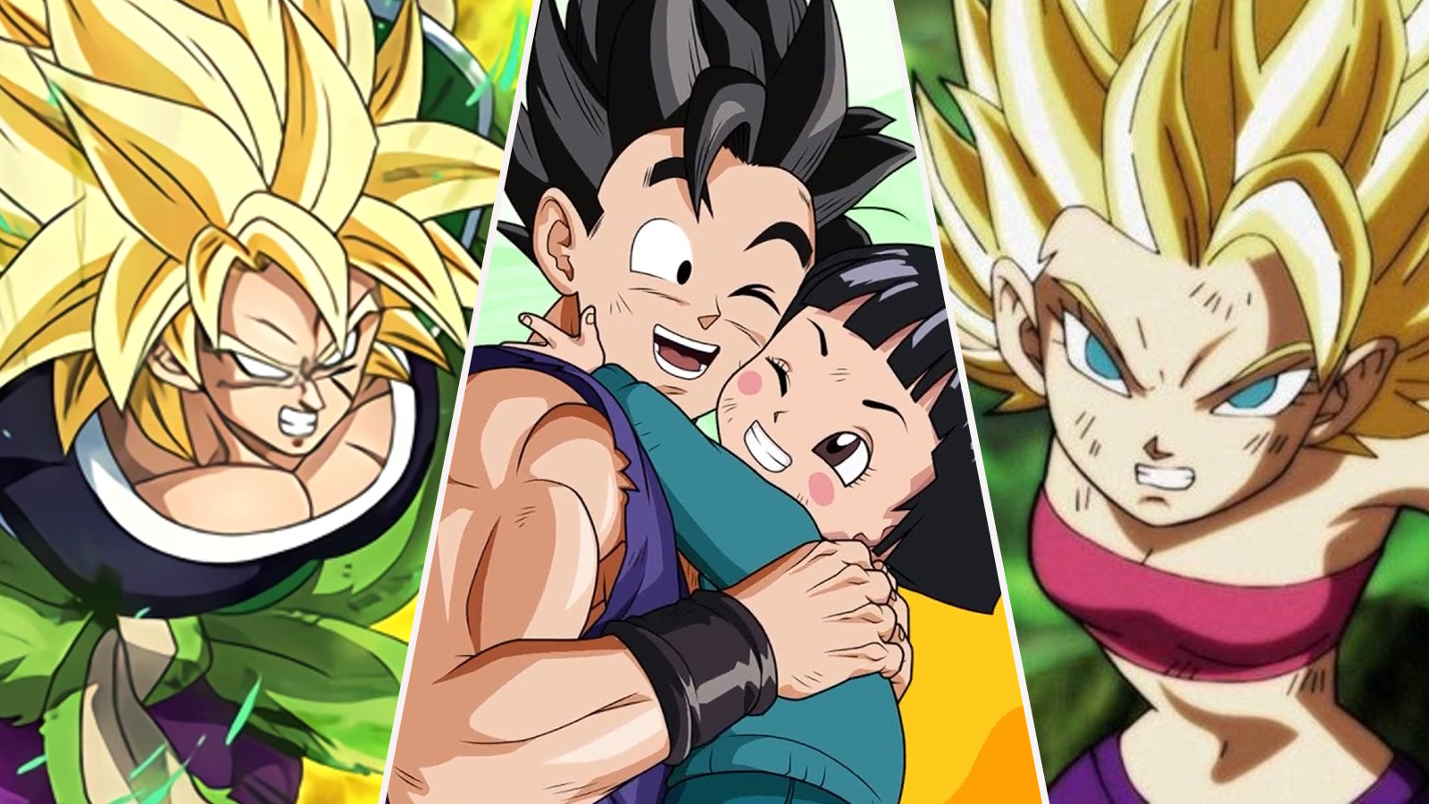 Super Saiyan Broly, Gohan hugging Pan, and Super Saiyan Caulifla in Dragon Ball Super