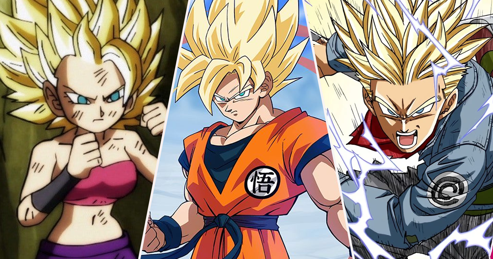 Super Saiyan Caulifla in the Dragon Ball Super anime, Super Saiyan Goku in Dragon Ball Super Broly, and Super Saiyan 2 Future Trunks in the Dragon Ball Super Manga 