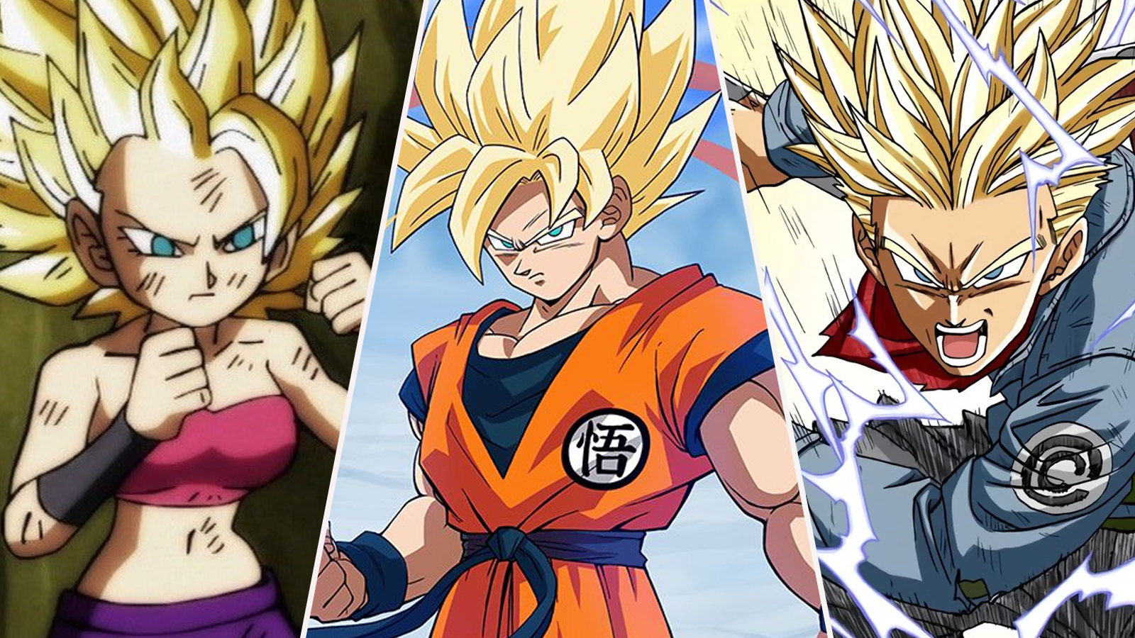 Super Saiyan Caulifla in the Dragon Ball Super anime, Super Saiyan Goku in Dragon Ball Super Broly, and Super Saiyan 2 Future Trunks in the Dragon Ball Super Manga 