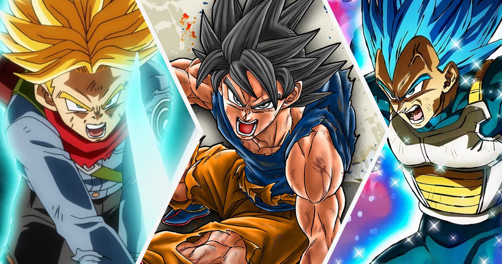 Super Saiyan Rage Future Trunks, True Ultra Instinct Goku, and Super Saiyan Blue Evolution Vegeta in Dragon Ball Super